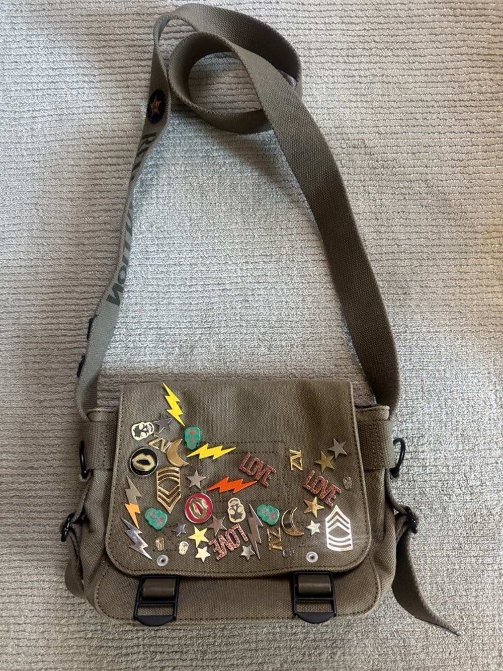 Zadig & Voltaire Olive Canvas Patchwork Crossbody with Logo Strap